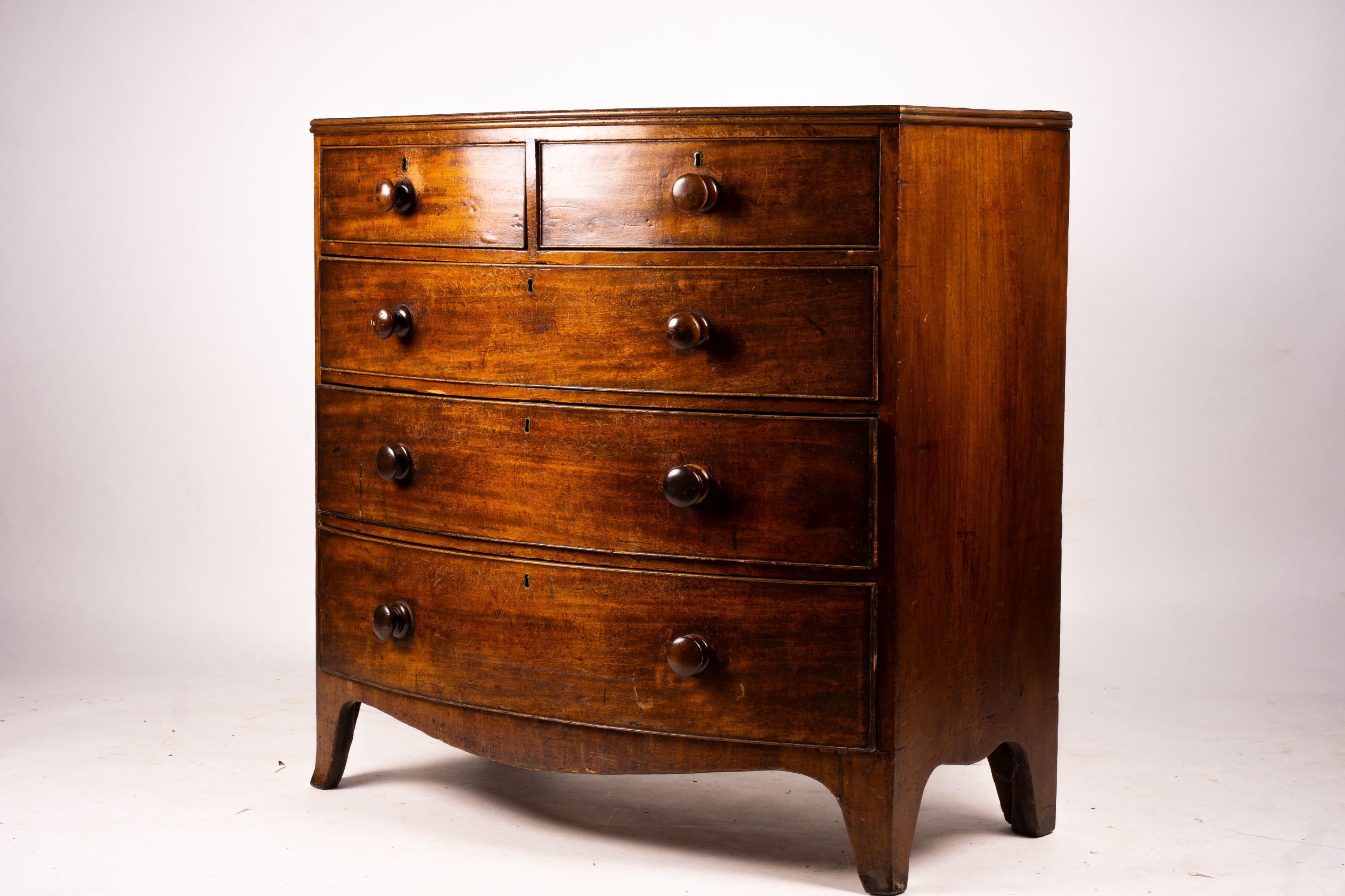 A George IV banded mahogany bowfront chest, width 108cm, depth 57cm, height 105cm